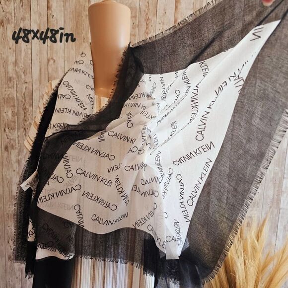 Calvin Klein Logo Print Sheer Scarf Black White New - Picture 3 of 5